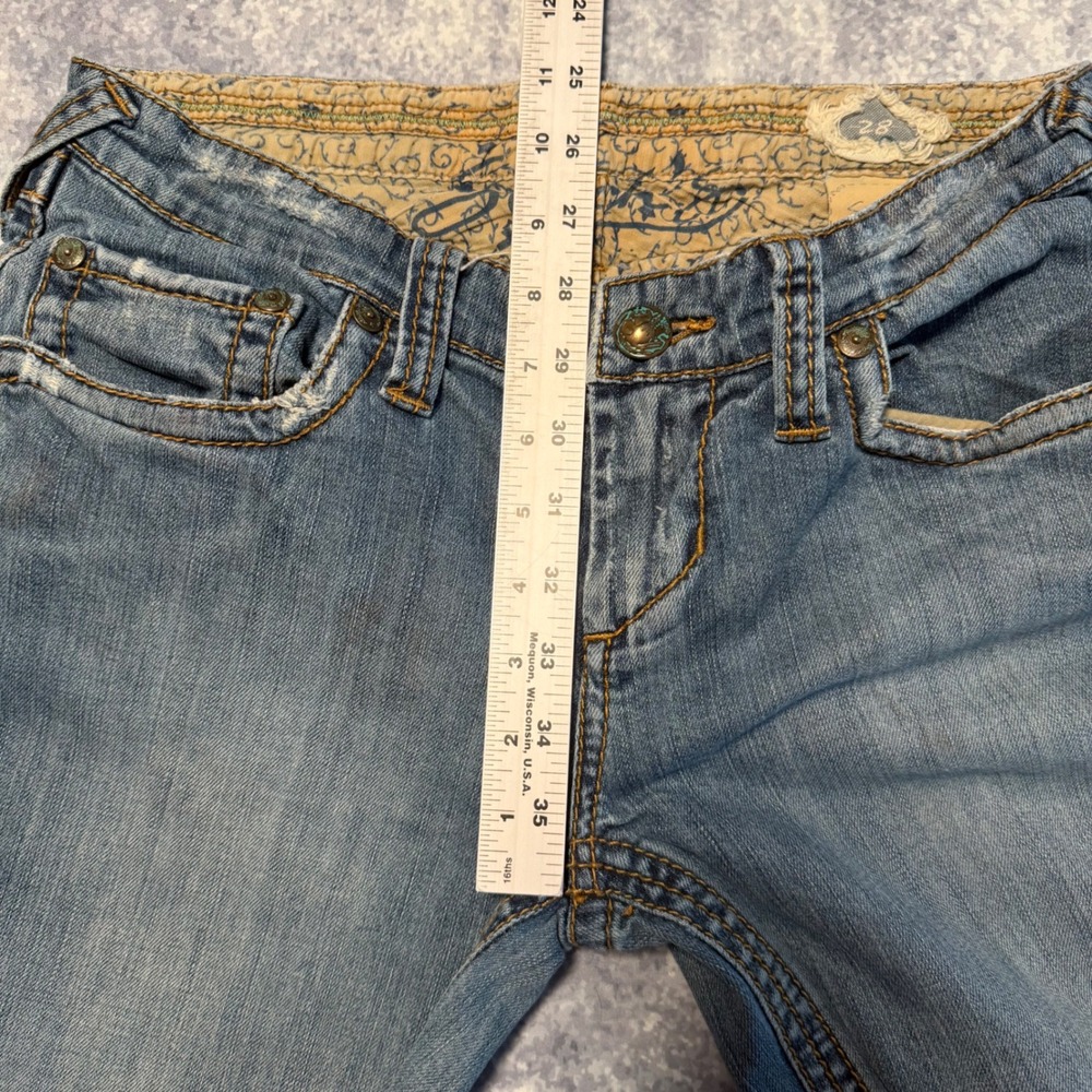 Y2K Stitch's Women Blue Distressed Bootcut Jeans Size 28 Low Rise Flap Pocket - Picture 7 of 8